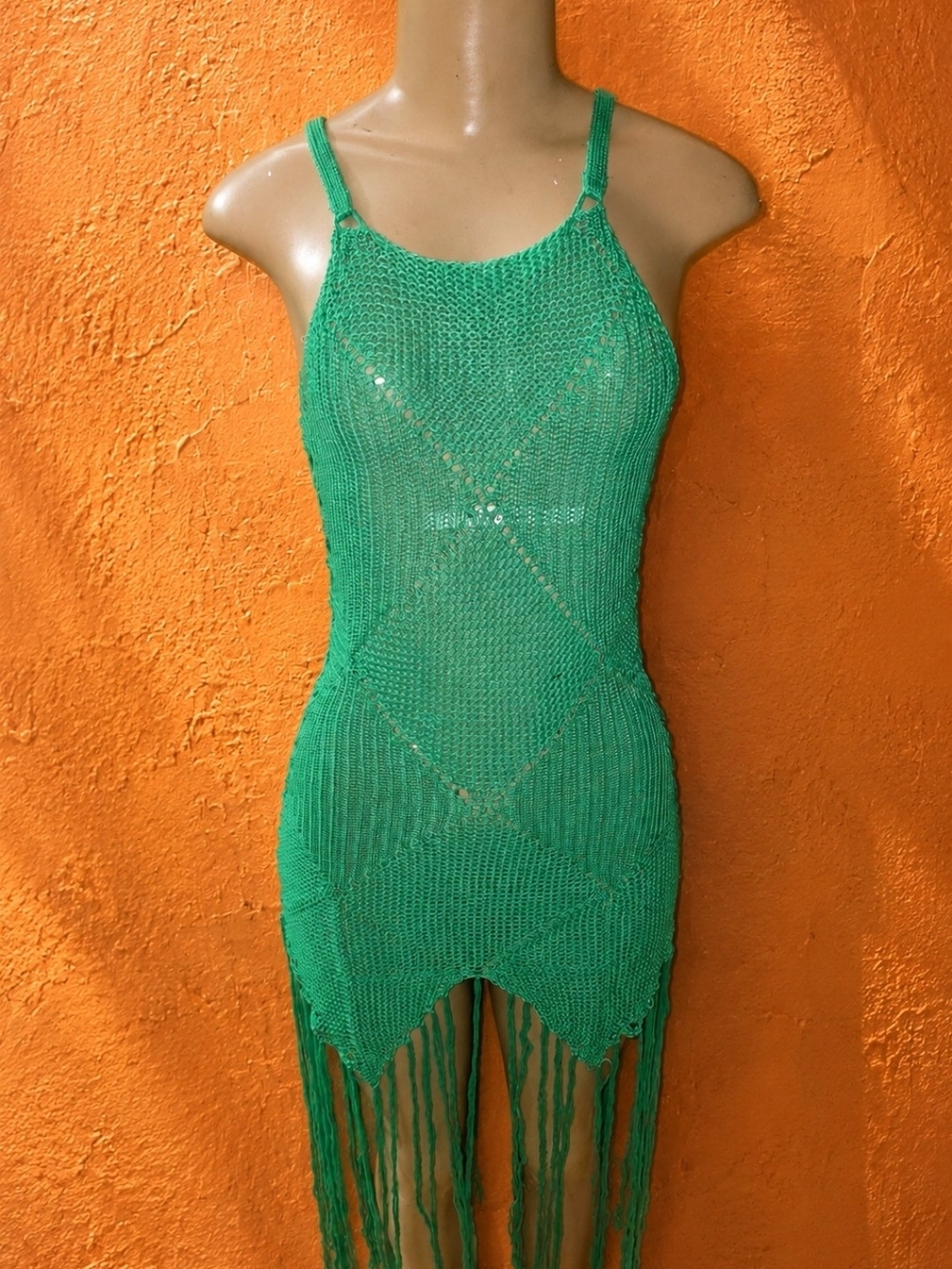 Green Crochet Fringe Mini Dress